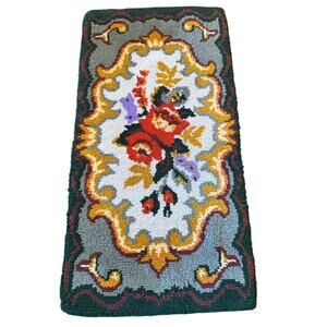 Hooked Wool Rug Flowers Floral Vintage Hand Made American 26x52 Green Rose Wall